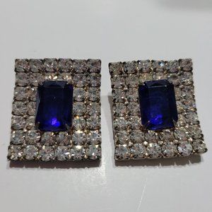 Vintage Faux Sapphire Rhinestone Clip On Earrings Art Nouveau Silver Tone